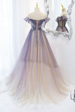 Light Purple Scoop Tulle A-Line Bling Bling Sparkle Short Sleeves Prom Dresses