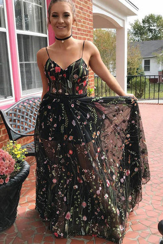 Spaghetti Straps A-Line Illusion Black Floral Lace Prom Dresses