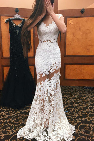 Sexy Sheer Trumpet Appliques Floral Keyhole Back Prom Dresses