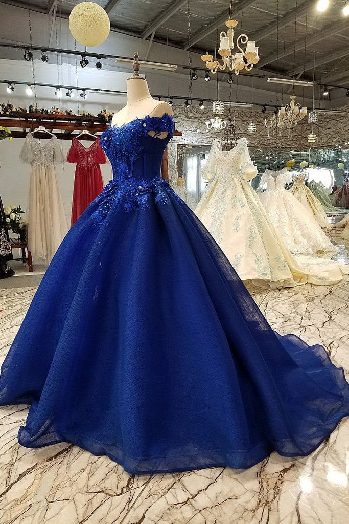 Buy Off Shoulder Royal Blue Evening Dresses with 3D Floral Lace Ball ...