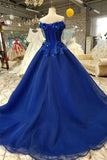 Off Shoulder Royal Blue Evening Dresses with 3D Floral Lace Ball Gown Quinceanera Dresses JS491