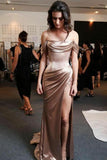 Off the Shoulder High Slit Prom Dress with Ruffles Mermaid Brown Long Formal Dress JS489