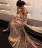 Off the Shoulder Sparkle Long Sleeves Prom Dresses Sequins Mermaid Evening Dress JS480