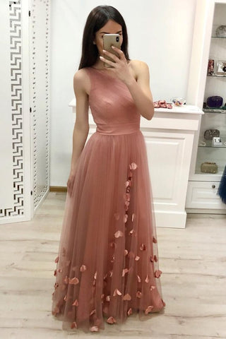 One Shoulder A Line Tulle Blush Pink Floor Length Prom Dresses Cheap Long Evening Dress JS902