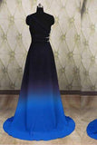 One Shoulder Ombre Black and Blue Ruffles Prom Dresses Simple Cheap Party Dresses JS692