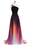 One Shoulder Ombre Chiffon Prom Dresses Lace up A Line Beads Ruffles Prom Gowns JS531
