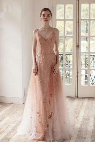 Open Back Spaghetti Straps Prom Dresses Ombre Tulle V Neck Pink Beauty Prom Gowns P1048