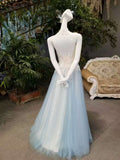New Arrival A-Line High Neck Tulle Prom Dresses Floor Length Lace Up JS789