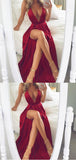 Stunning Red Spaghetti Straps V Neck With Split Side Prom Dresses