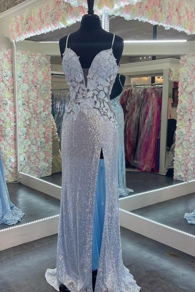 Straps Light Blue Elegant Sheath Evening Dresses Sequins Appliques Long Prom Dresses
