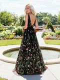 A Line Black Backless Lace Floral Long Sleeveless V Neck Formal Dresses Prom Dresses JS326