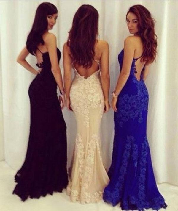 Black Mermaid Backless Lace Prom Dresses Floor-Length Evening Gowns JS967