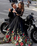 A line Two Piece Black Long Sleeve Prom Dress With Floral Print Skirt Evening Dresses JS672