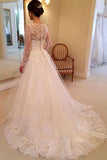 A-Line Lace Appliques V Neck Tulle Long Sleeve Ivory Covered Buttons Wedding Dresses