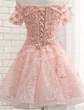 Pearl Pink Off the Shoulder Short Sleeves Lace Beading Appliques Short Homecoming Dresses H1153