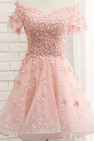 Pearl Pink Off the Shoulder Short Sleeves Lace Beading Appliques Short Homecoming Dresses H1153