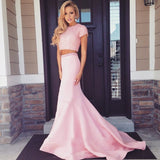 New Arrival 2 Piece Sweep Train Pearl Pink Prom Dress with Pearl Open Back JS600