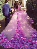 Pink Cathedral Off the Shoulder Ball Gown Vintage 3D Flower Applique Wedding Dresses JS379