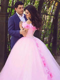 Pink Cathedral Off the Shoulder Ball Gown Vintage 3D Flower Applique Wedding Dresses JS379