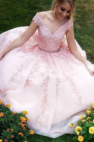 Pink Off Shoulder V Neck Prom Dresses with Beading Ball Gown