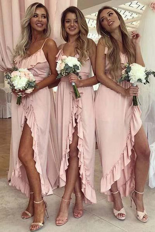 Pink Spaghetti Straps Sweetheart High Low Prom Dresses Chiffon Bridesmaid Dresses BD1016