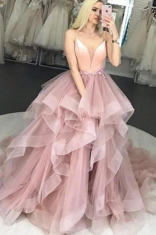 Pink Tulle Spaghetti Straps Ruffles Ball Gown Prom Dresses V Neck Long Evening Dresses P1081