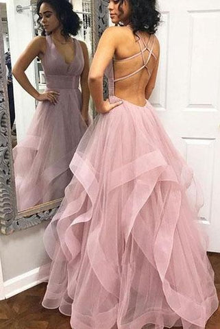 Pink Tulle V Neck Criss Cross Ruffles Long Prom Dress Cheap Evening Dresses JS599