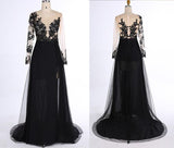 New Style Black Long Sleeves Lace Deep V Neck Thigh-High Slit Sexy Lace Evening Gowns JS111