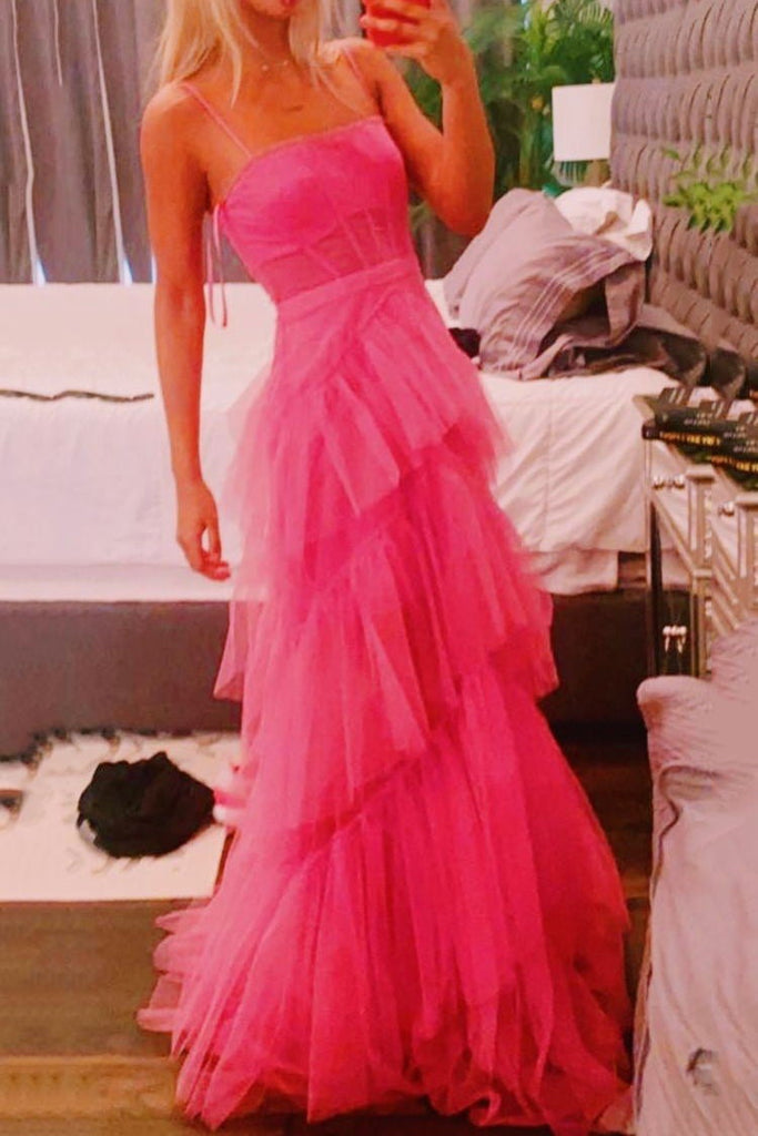 Fashion Hot Pink Layered Ruffles Evening Gown A Line Tulle Long Prom Dresses