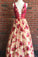 Princess A Line Lace V Neck Red Floral Sexy Long Prom Dresses Simple Evening Dresses P1014