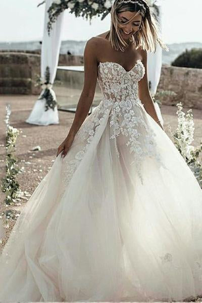Princess A Line Sweetheart Tulle Lace Applique Ivory Wedding Dress Long Bridal Dresses JS921