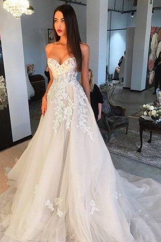 Princess A Line Sweetheart Tulle Lace Applique Ivory Wedding Dress Long Bridal Dresses JS921