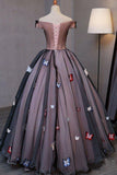 Princess Black Off the Shoulder Butterfly Appliqued Prom Dresses Quinceanera Dresses JS886