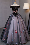 Princess Black Off the Shoulder Butterfly Appliqued Prom Dresses Quinceanera Dresses JS886