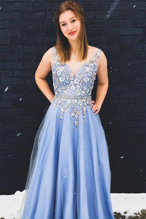 Princess Blue V Neck Tulle Long Prom Dresses Lace Appliques Straps Formal Dresses P1096