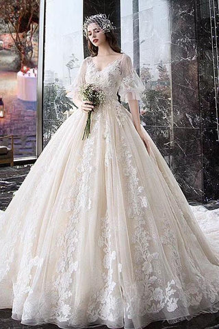 Princess Half Sleeve Ball Gown Wedding Dresses Appliques V Neck Bridal Dresses JS774