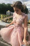 Princess Pearl Pink Tulle A-Line V Neck Floral Applique Short Cocktail Dress Homecoming Dress H1119
