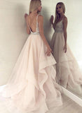 Princess Spaghetti Straps V Neck Tulle Beads Backless Pink Prom Dresses Evening Dresses P1022