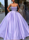Purple Ball Gown Spaghetti Straps Satin Prom Dress With Pocket Quinceanera Dress