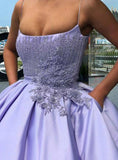 Purple Ball Gown Spaghetti Straps Satin Prom Dress With Pocket Quinceanera Dress