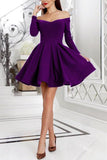 Purple Off the Shoulder Long Sleeve Homecoming Dresses Above Knee Short Prom Dresses H1167
