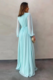 Long Chiffon Prom Dresses With Split A-Line V-Neck Long Sleeves