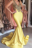 Yellow satins gold lace applique V-neck see-through slim-line long dress mermaid Evening dresses