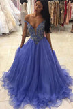 Blue organza V-neck sequins A-line long prom dresses graduation dress for teens