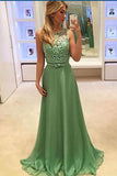 Simple green chiffon round-neck formal prom dress，long dress