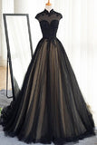 Black tulle cap sleeves floor-length long prom dresses luxury dresses JS875