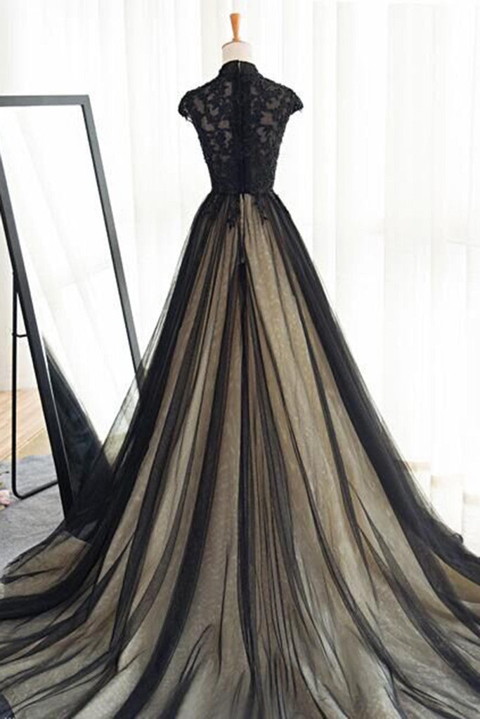 Buy Black tulle cap sleeves floor-length long prom dresses luxury ...