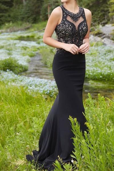 Black chiffon sequins round neck mermaid long prom dress