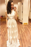 White lace round neck long prom dress，elegant dress for teens