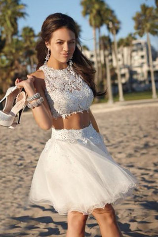 Cute white organza lace two pieces round neck short Homecoming dresses